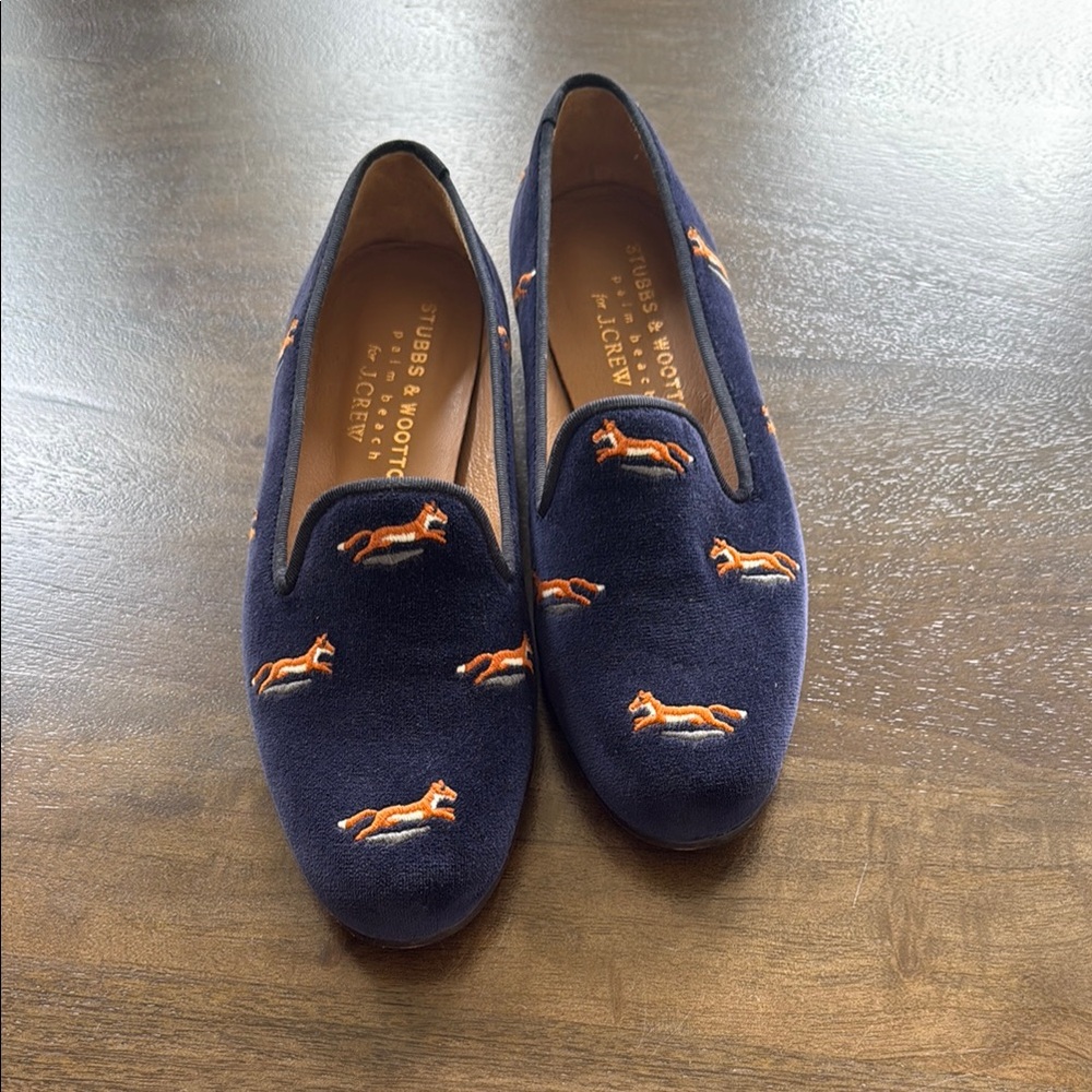 Stubbs & Wootton Blue for J Crew Iconic embroidered fox velvet slippers Sz 9